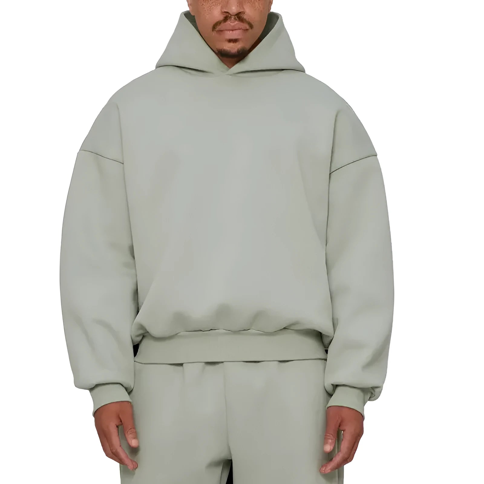 Man wearing a solid colour fleece-lined cotton pullover hoodie with a wool lining.