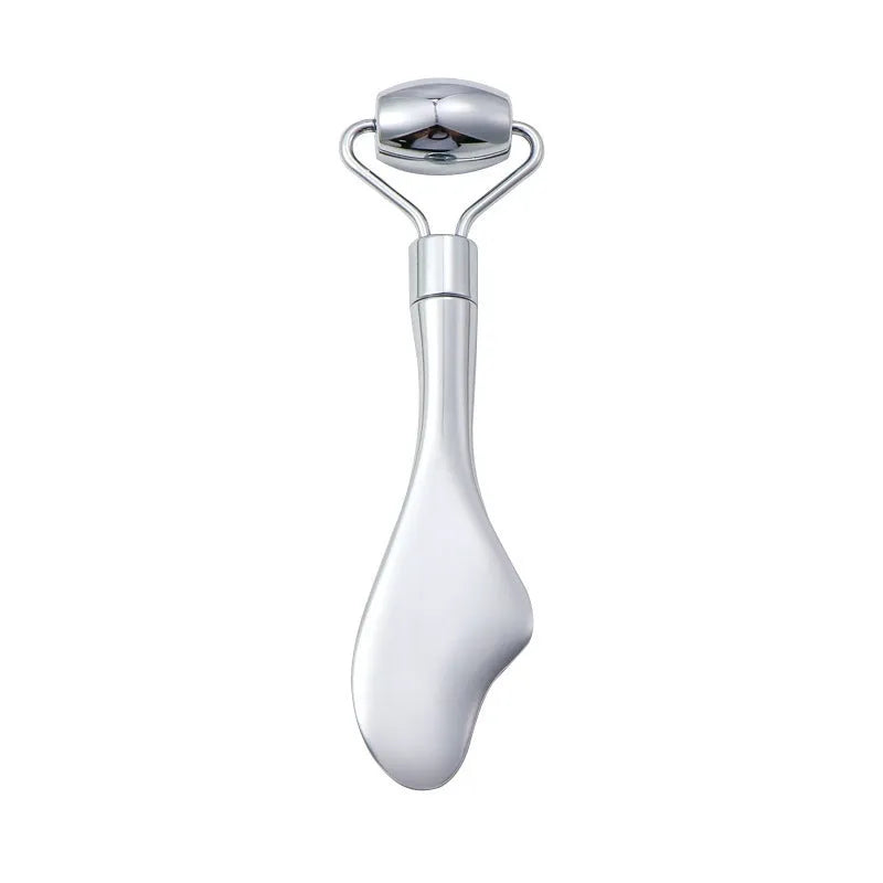 Stainless steel facial massage board set with double-headed roller and heart-shaped eye tool