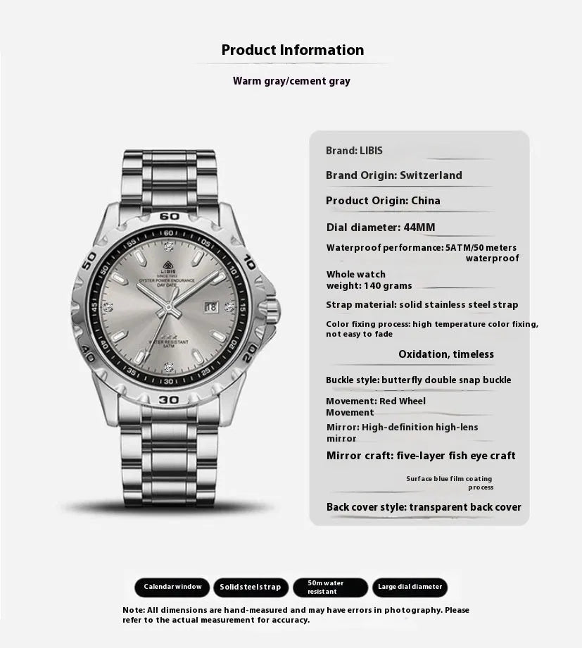 Men's silver case quartz watch with luminous hands and stainless steel strap in business style