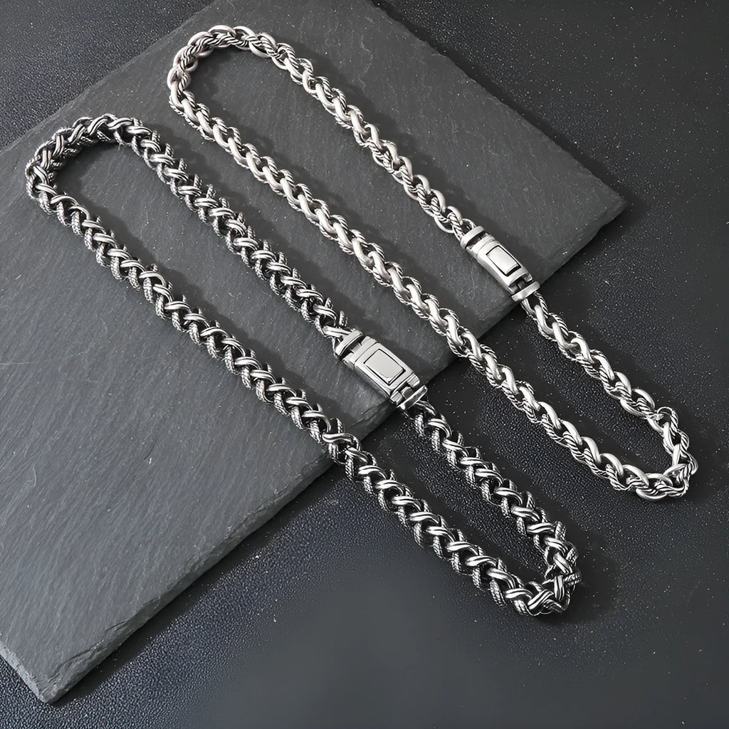 Men's titanium steel keel chain necklace with geometric twist design in antique silver finish