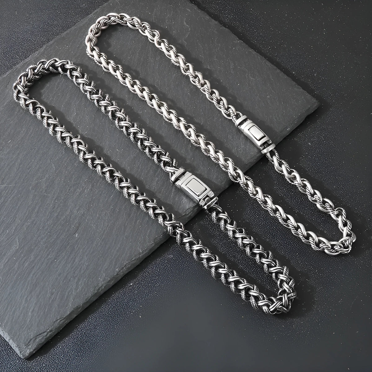 Men's titanium steel keel chain necklace with geometric twist design in antique silver finish