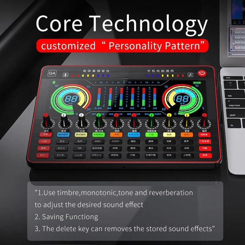 G4 professional sound card mixer with LCD display, 10 tuning knobs, and Q8 condenser microphone for live streaming setup.