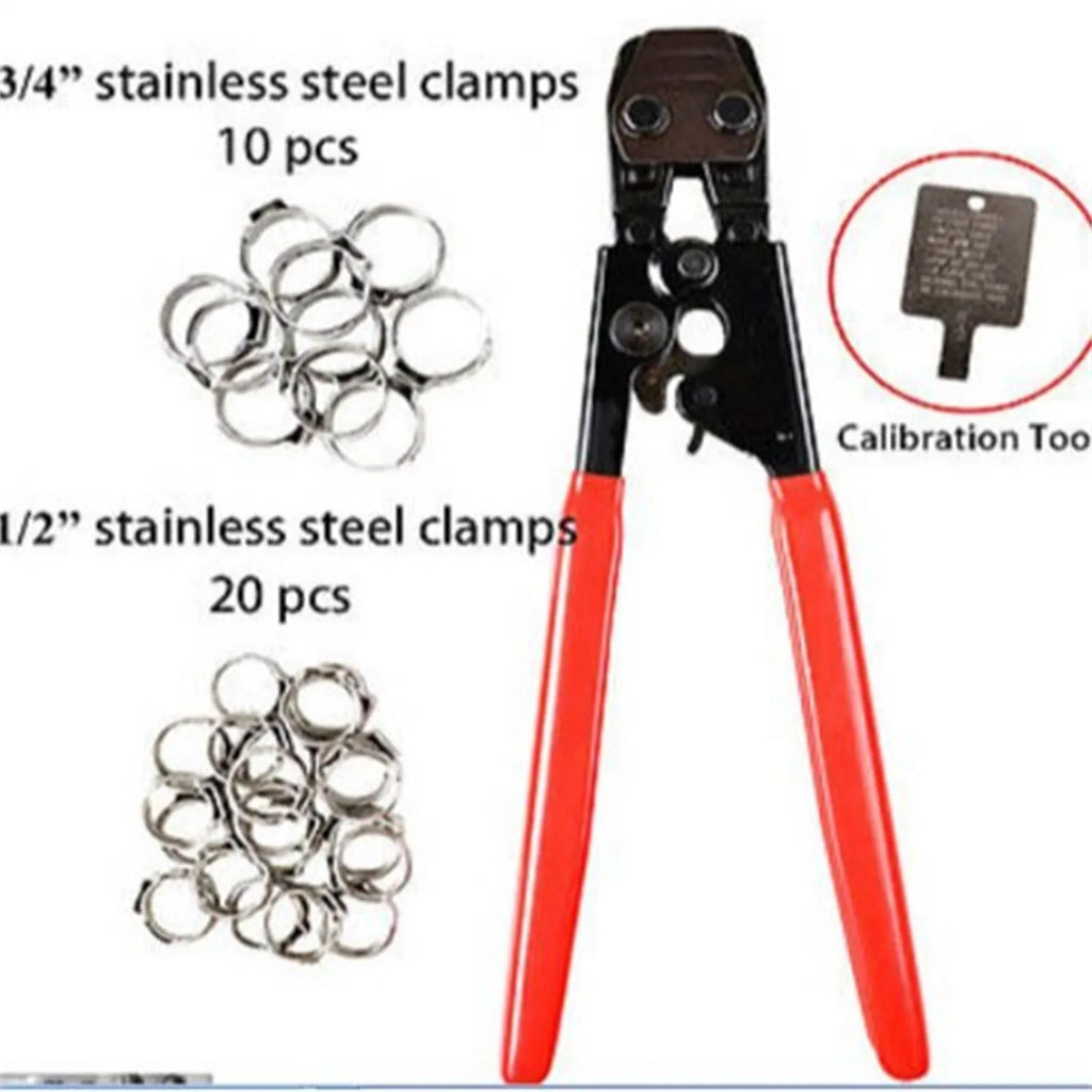 Red metal PEX clamp set with carbon steel cutting edge for pipe fitting