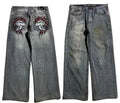 Gray washed-out men's straight-leg jeans with wide-leg design and micro-elastic polyester denim fabric