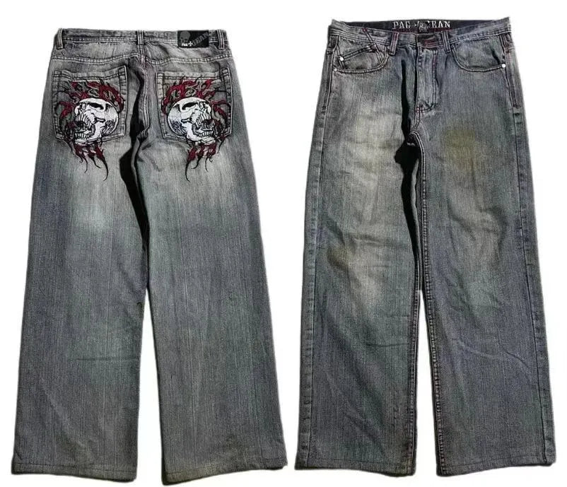 Gray washed-out men's straight-leg jeans with wide-leg design and micro-elastic polyester denim fabric