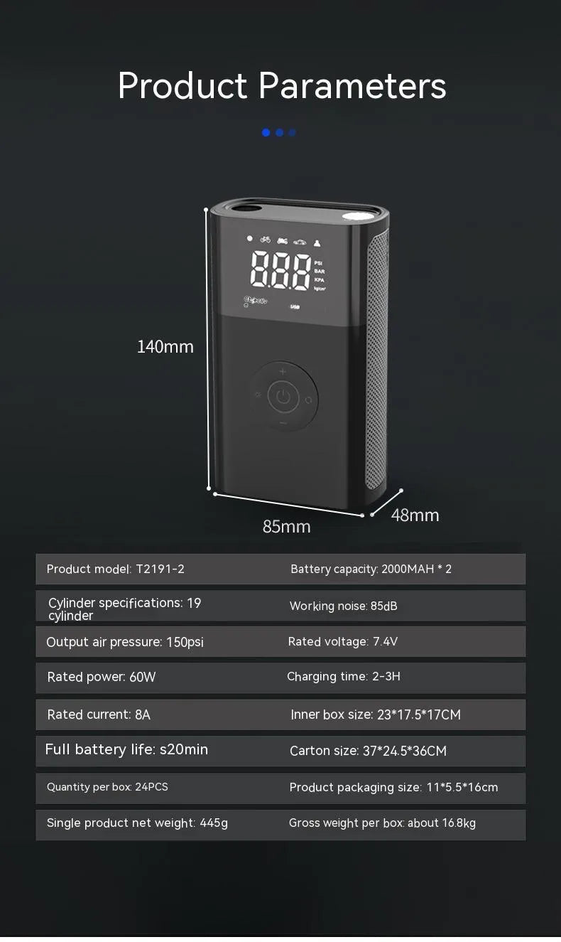 Wireless digital tyre inflator with LCD display showing pressure reading