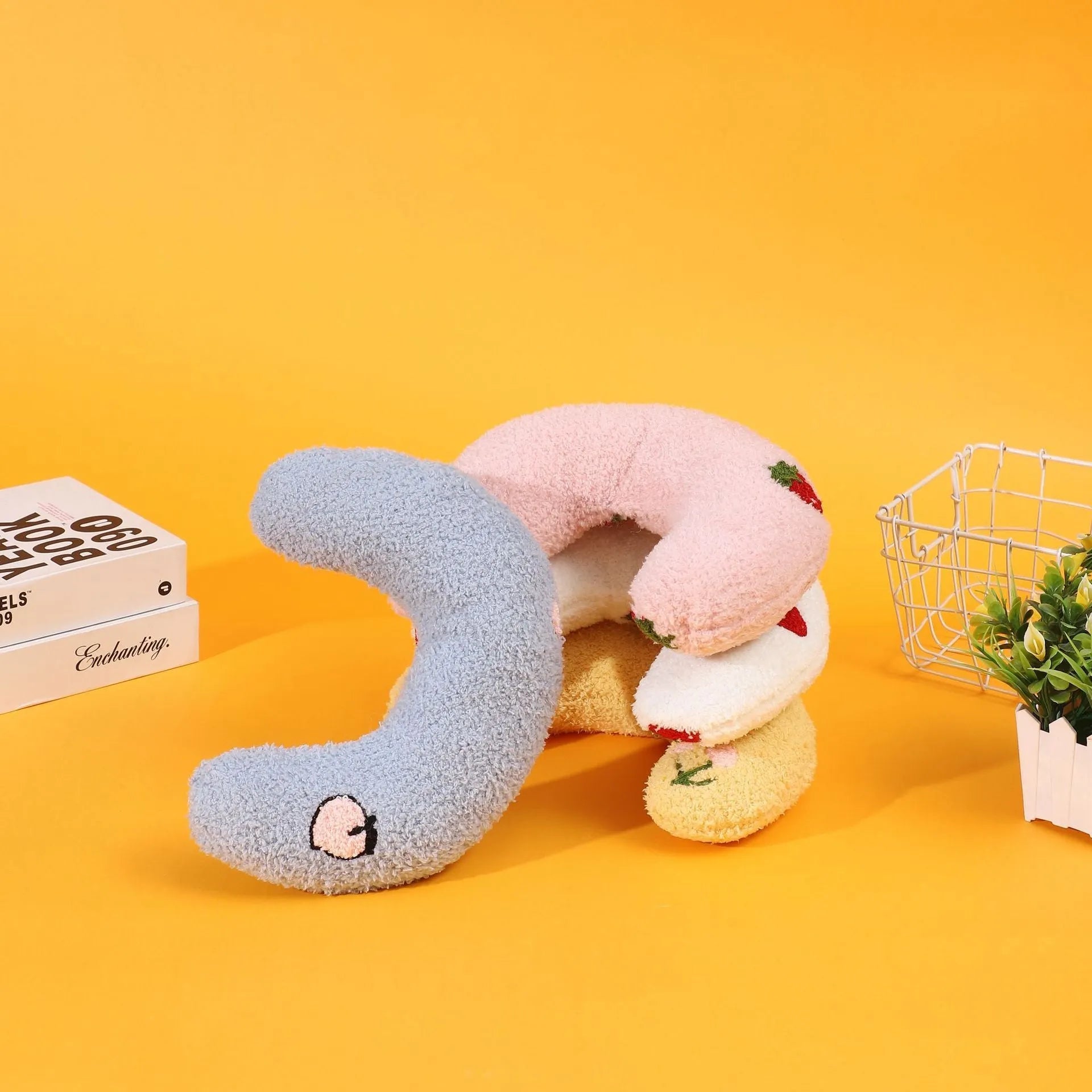 Yellow blue pink white cartoon cat half moon U-shaped pillow pet bed