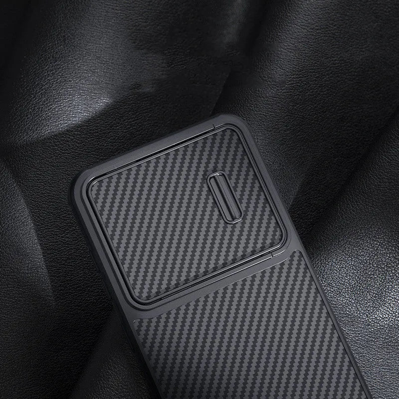Black Samsung S23 Ultra mobile phone case with a built-in camera lens cover.