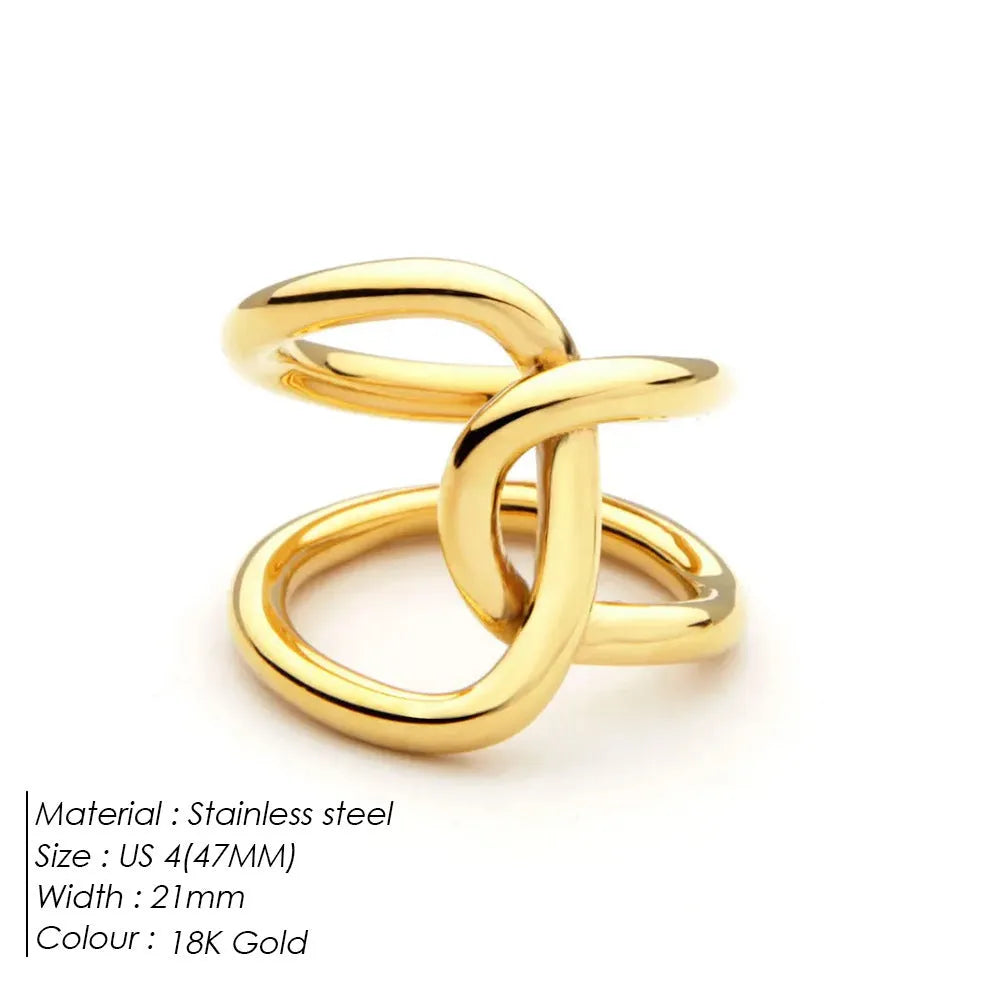 Geometric knotted U-shaped adjustable ring in stainless steel, shown in gold tone and steel colour.