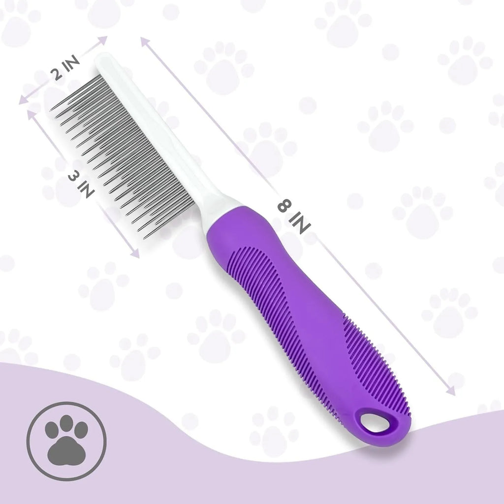 Purple pet grooming comb with stainless steel teeth on white background showing long and short tooth design