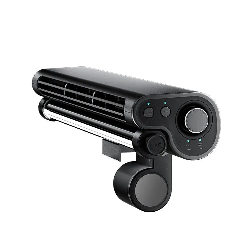 Black USB bladeless clip-on desk fan with LED lighting attached to computer screen
