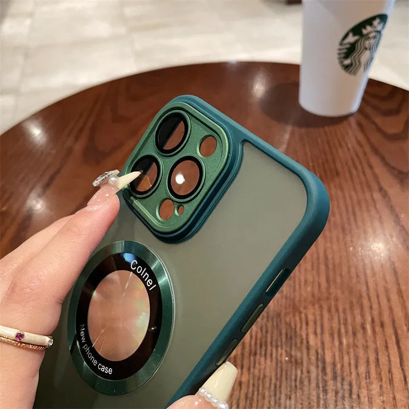 Magnetic frosted iPhone 15 case in blue showing anti-fingerprint finish and MagSafe-compatible ring
