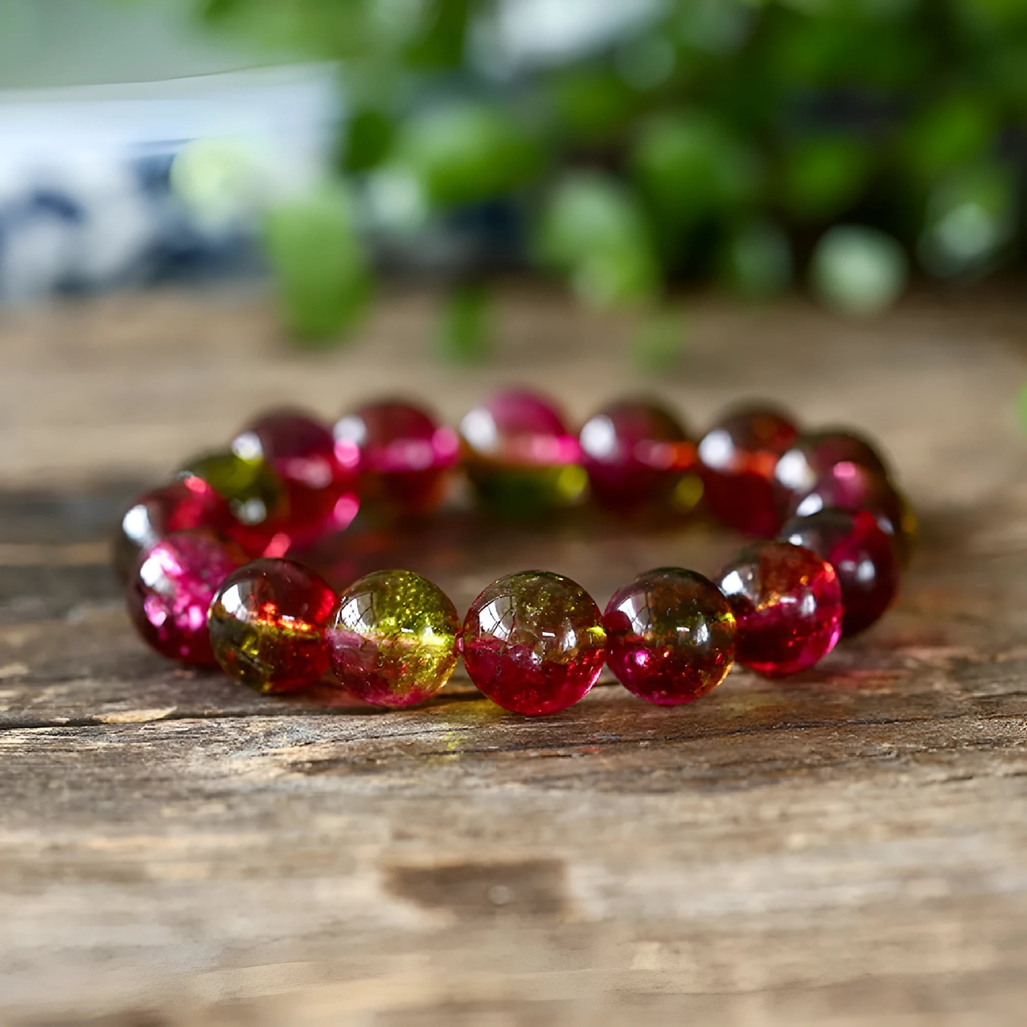 Handmade women's bracelet with pink and green watermelon crystal beads in casual pastoral style.
