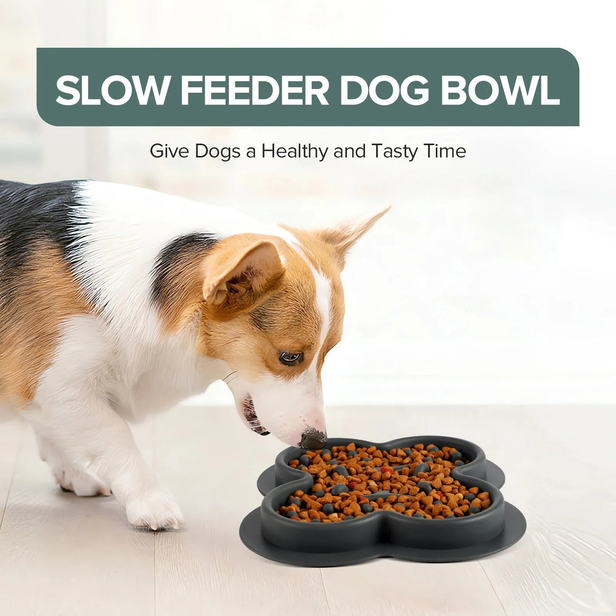 Blue silicone pet licking pad slow feeder mat on a wooden floor