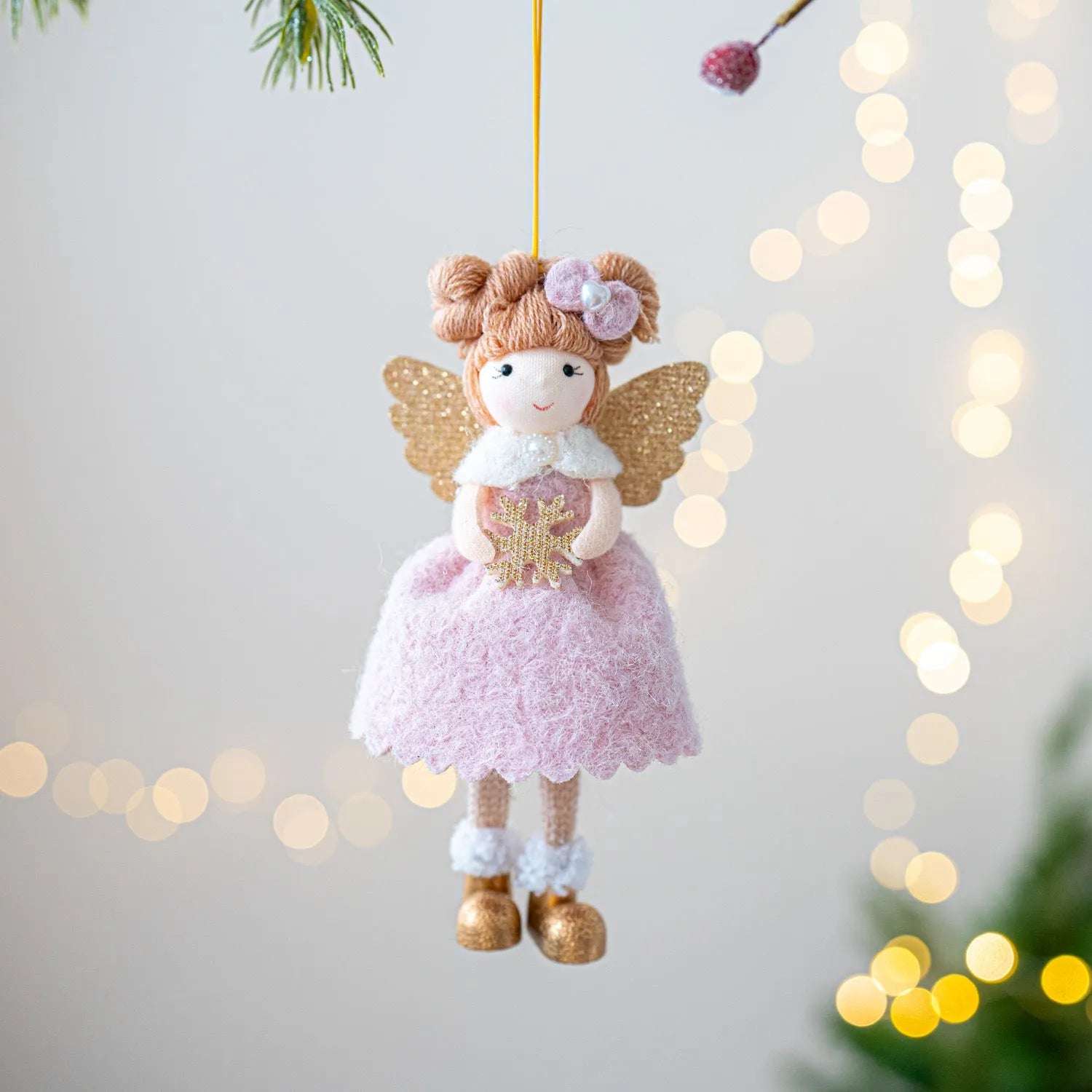 Christmas angel wings plush pendant ornament in pink and white colours with modern simplicity design