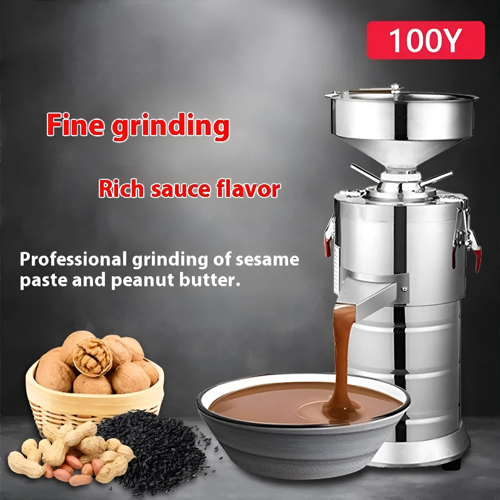 Electric sesame paste grinding machine with stainless steel construction and 100mm grinding wheel