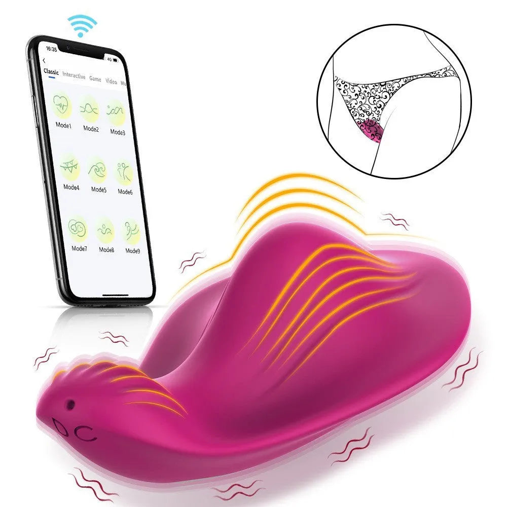 Rose red APP remote control wearable female massager with cute butterfly design on a white background.
