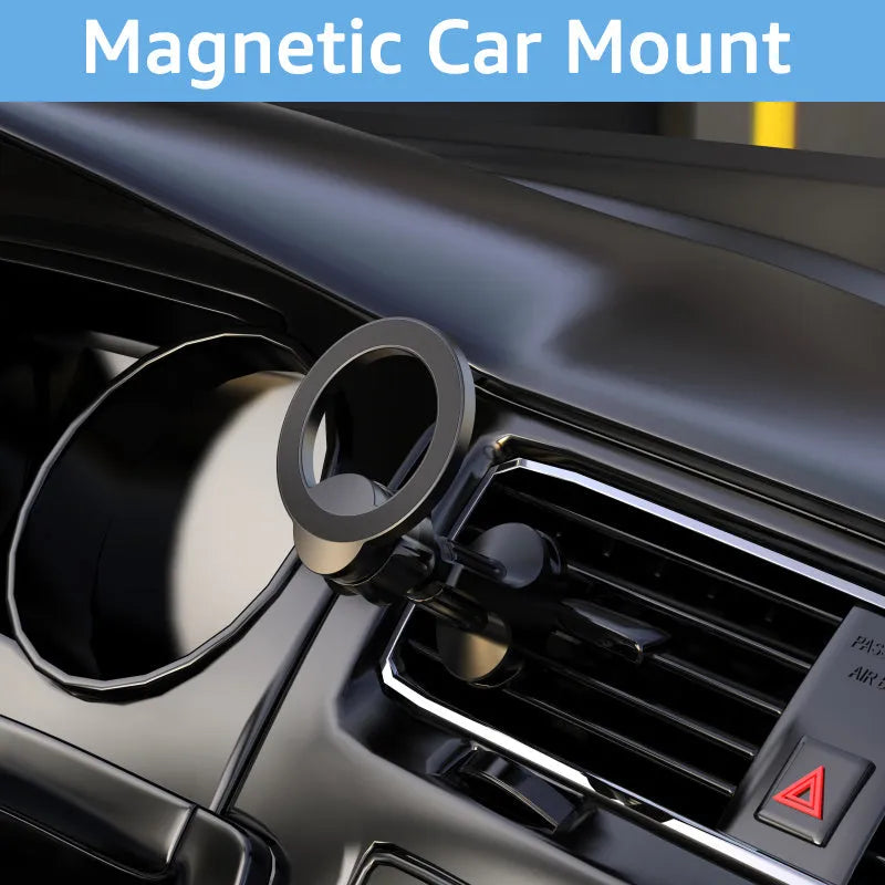 Black magnetic car phone holder mounted on vehicle air vent with O-ring design