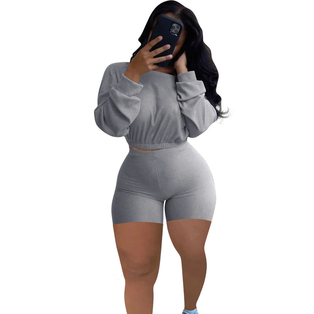 Women's solid colour off-the-shoulder two-piece set with long sleeves and matching shorts in multiple colour options