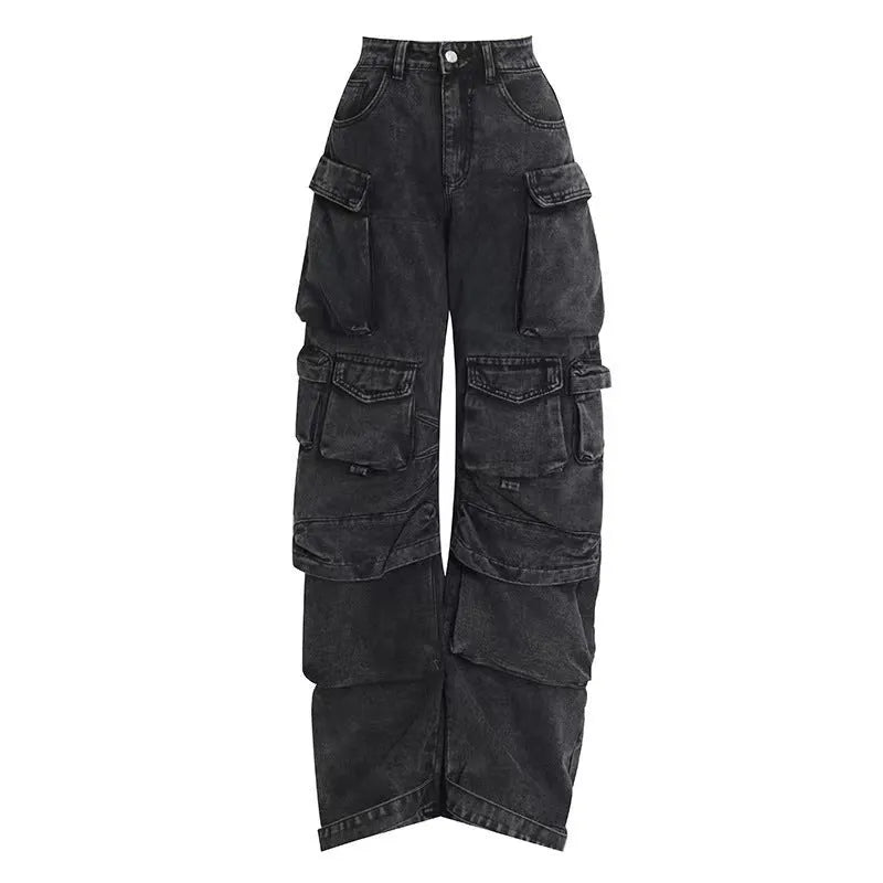 Women's blue high waist wide leg jeans with multiple pockets on a neutral background.