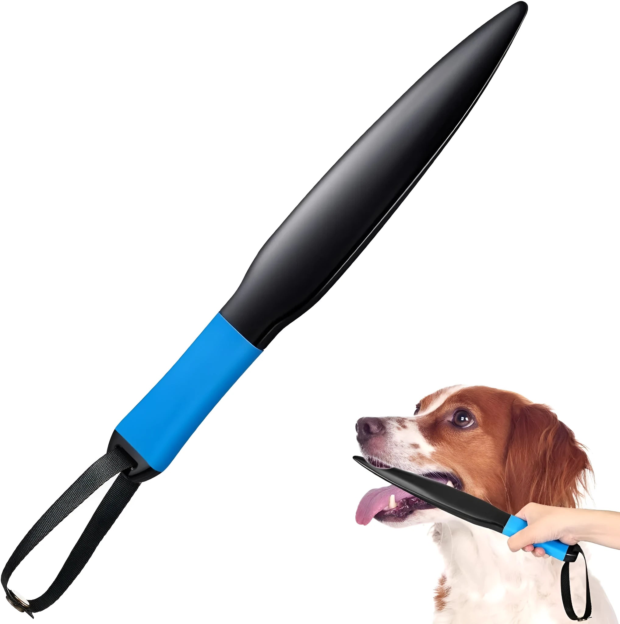 Blue handled nylon dog bite training stick on a white background, 35cm in length.