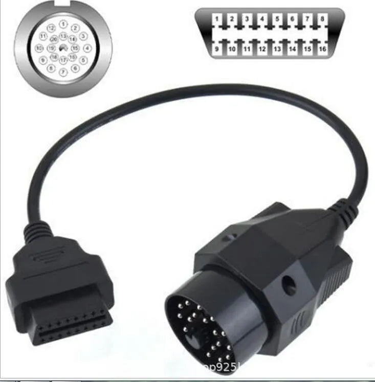 BMW OBD2 diagnostic adapter cable showing 20-pin plug and standard 16-pin female socket