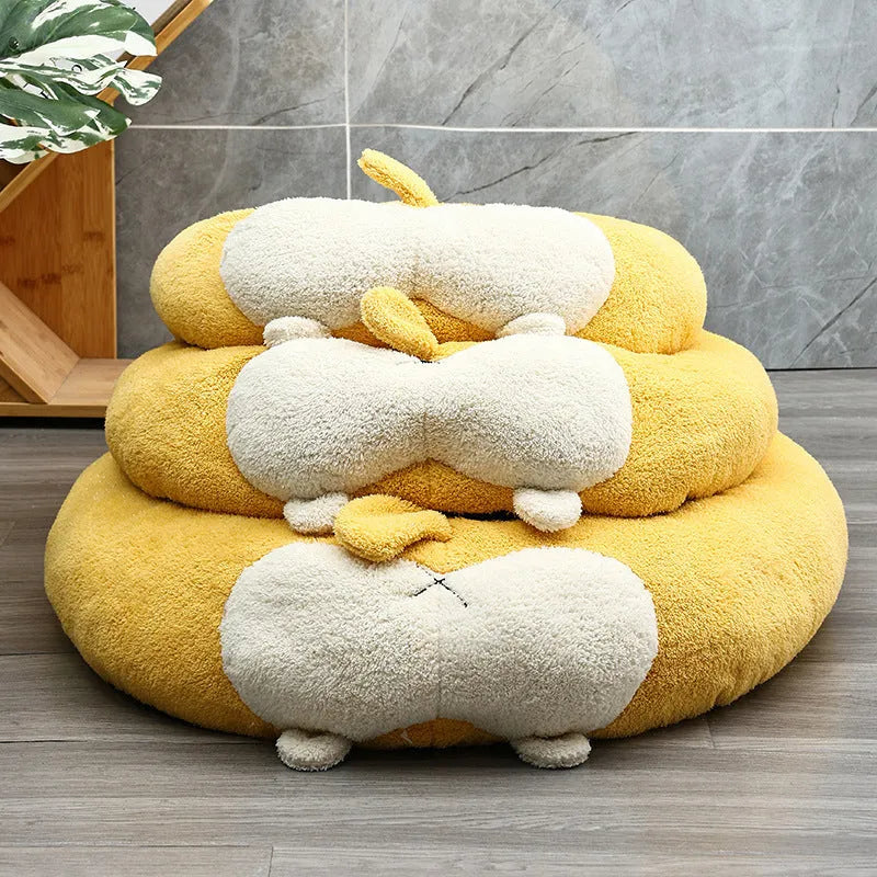Corgi-shaped plush pet bed for dogs or cats in small, medium, or large size.