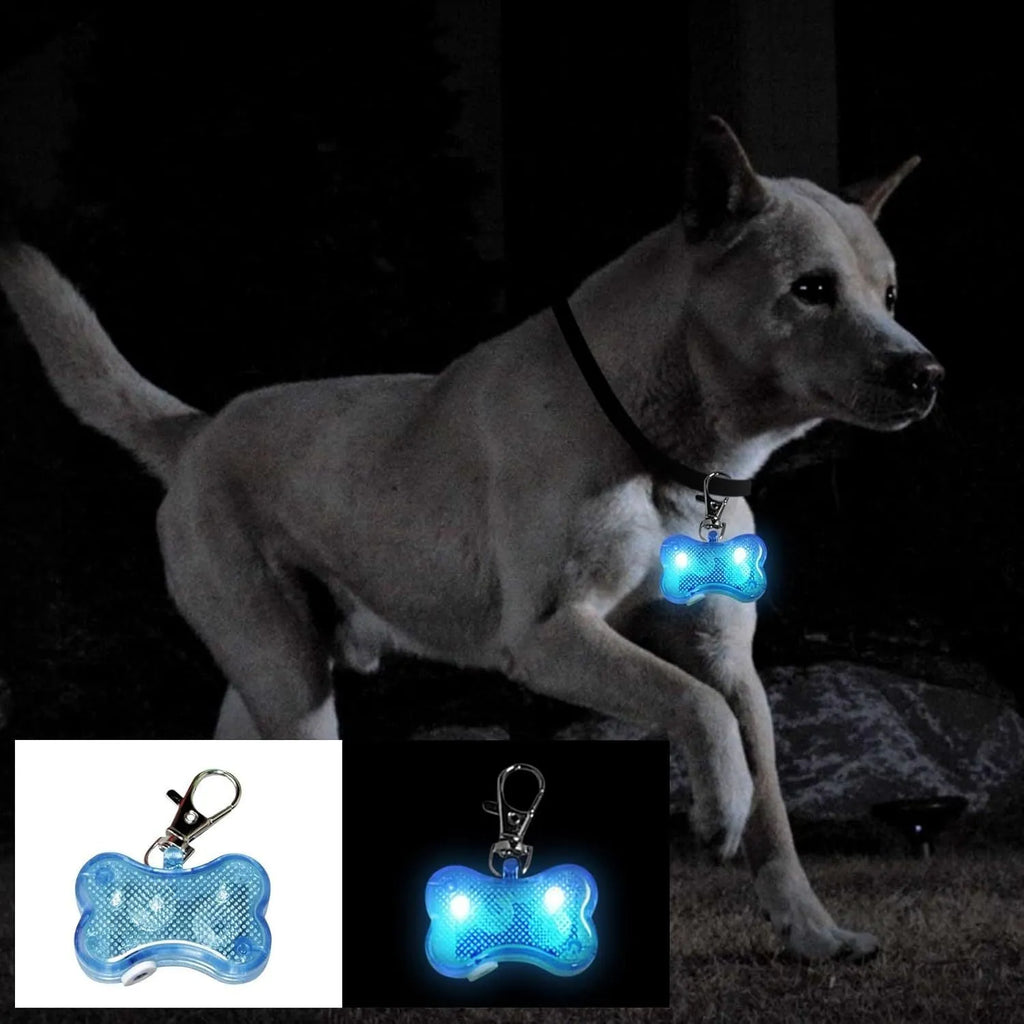 Blue LED luminous bone-shaped pendant for pet collars showing three light modes.