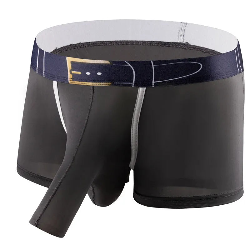 Men's solid colour ice silk boxers showing mid-waist design on a grey background