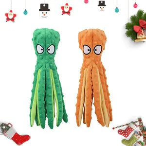 Blue octopus-shaped dog plush toy with squeaker and crinkle sounds, measuring 32 cm long.