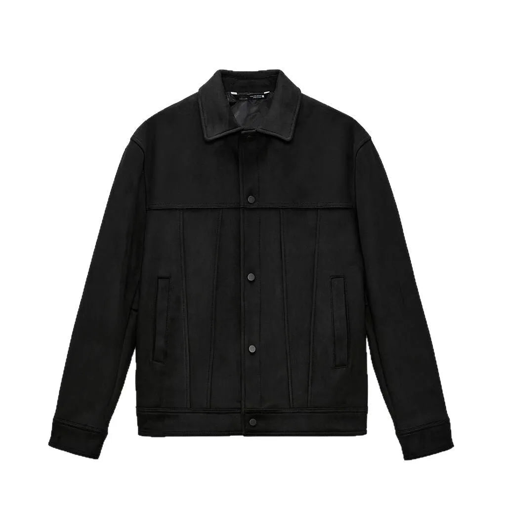 Black men's hooded jacket with a suede collar and side seam pockets on a hanger.