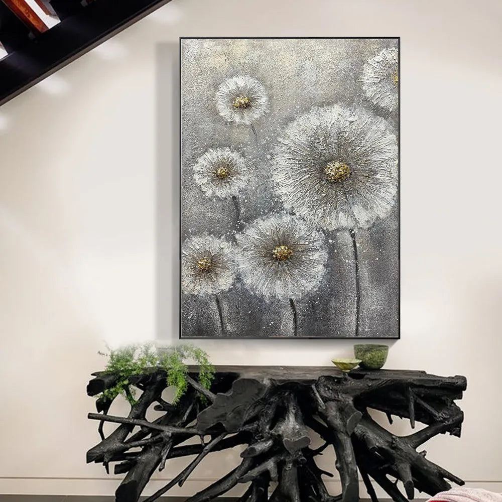 Hand-painted white flower plant oil painting on grey canvas, vertical unframed wall art for home decor