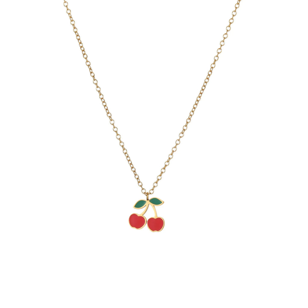 Cherry jewellery set with necklace, bracelet, earrings, and ring in stainless steel with 18K electroplated finish
