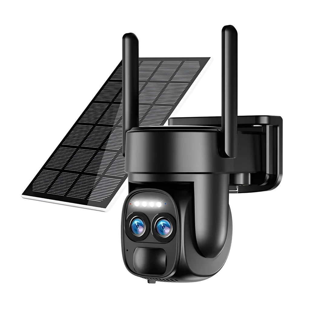 Solar-powered security camera with zoom lens mounted outdoors