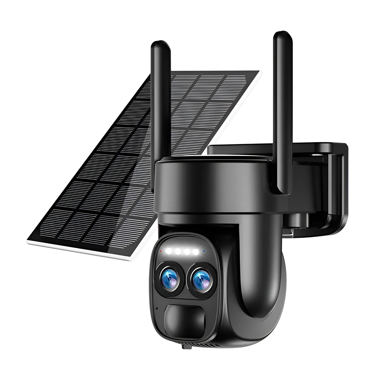 Solar-powered security camera with zoom lens mounted outdoors