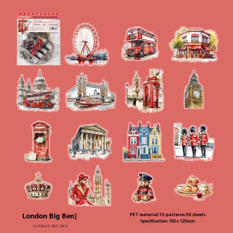 Holiday Journey Series architecture journal stickers with retro illustrations of seven famous landmarks