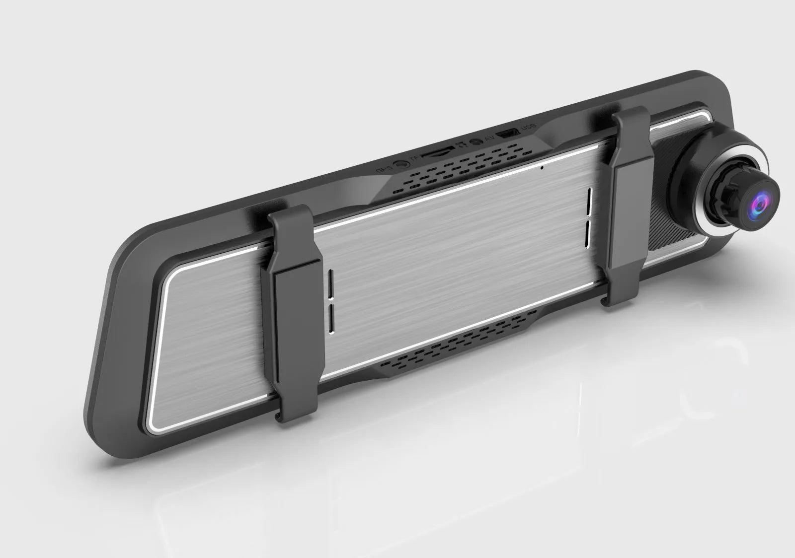 A black dual-lens dashboard camera with a large touchscreen display mounted on a car windshield.