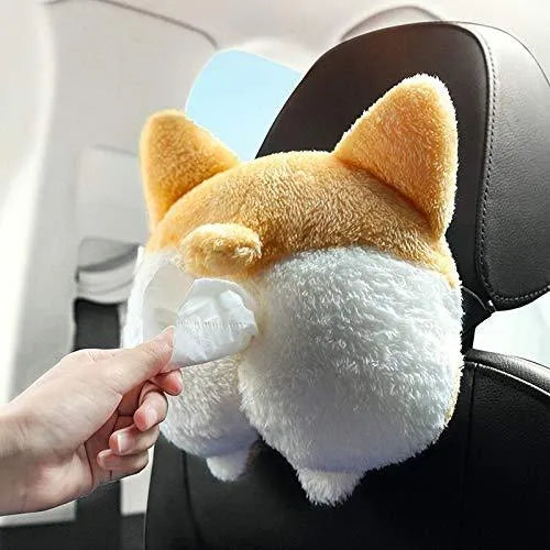 Yellow soft Corgi butt-shaped tissue box cover with elastic strap for car visor or home use.