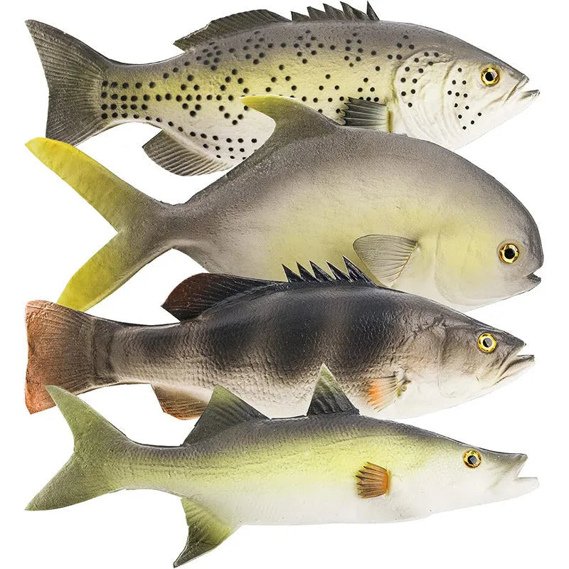 PU simulated fish ornament set showing yellow-fin tuna, small tuna, and yellow croaker ocean animal models