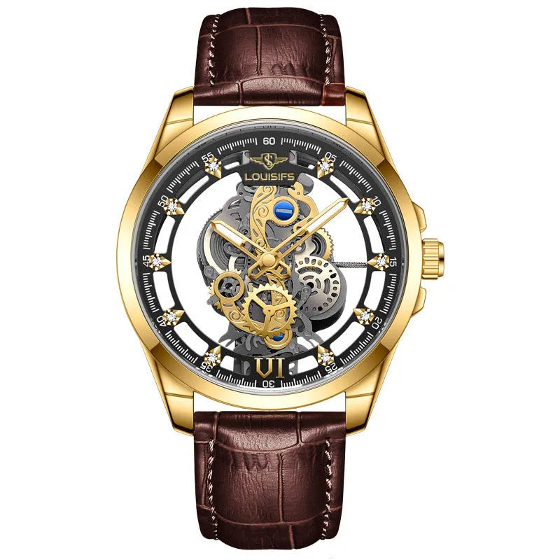 Men's Swiss hollow business quartz watch with leather strap, 12mm thickness