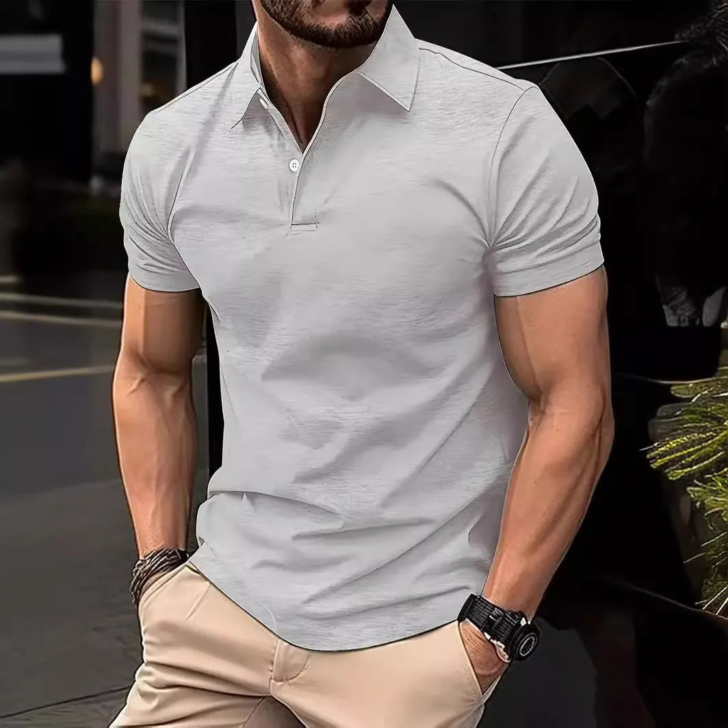 Men's slim fit solid colour short sleeve button shirt on a hanger