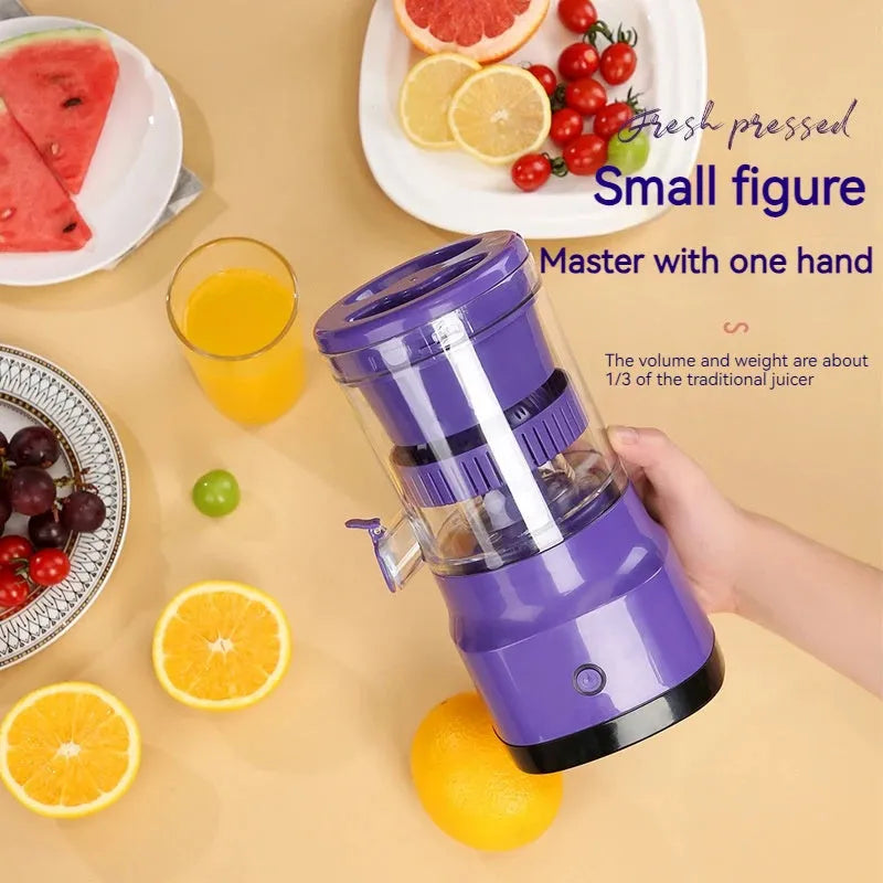 Purple USB rechargeable electric citrus juicer with cone and pulp filter, 2400mAh dual battery, 400ml capacity