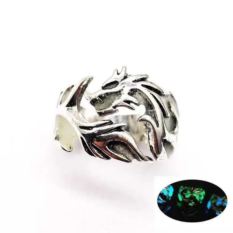 Adjustable luminous dragon pattern ring in archaism silver blue and green colours