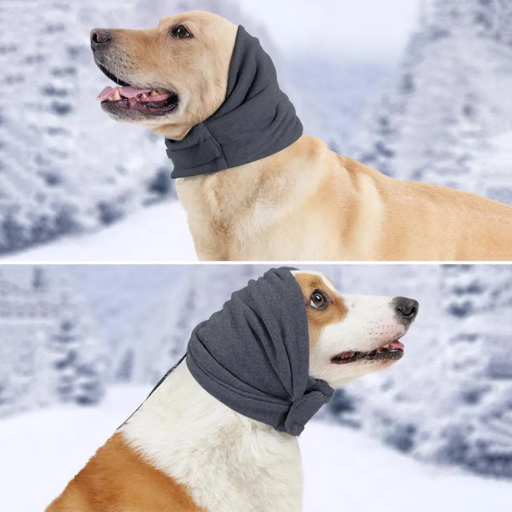 Black dog hoodie head cover with ear muffs for calming and hair control.