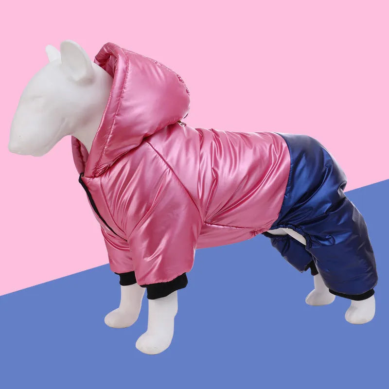 Green pink and white cotton-padded waterproof dog coat with four-legged design in sizes S to 3XL