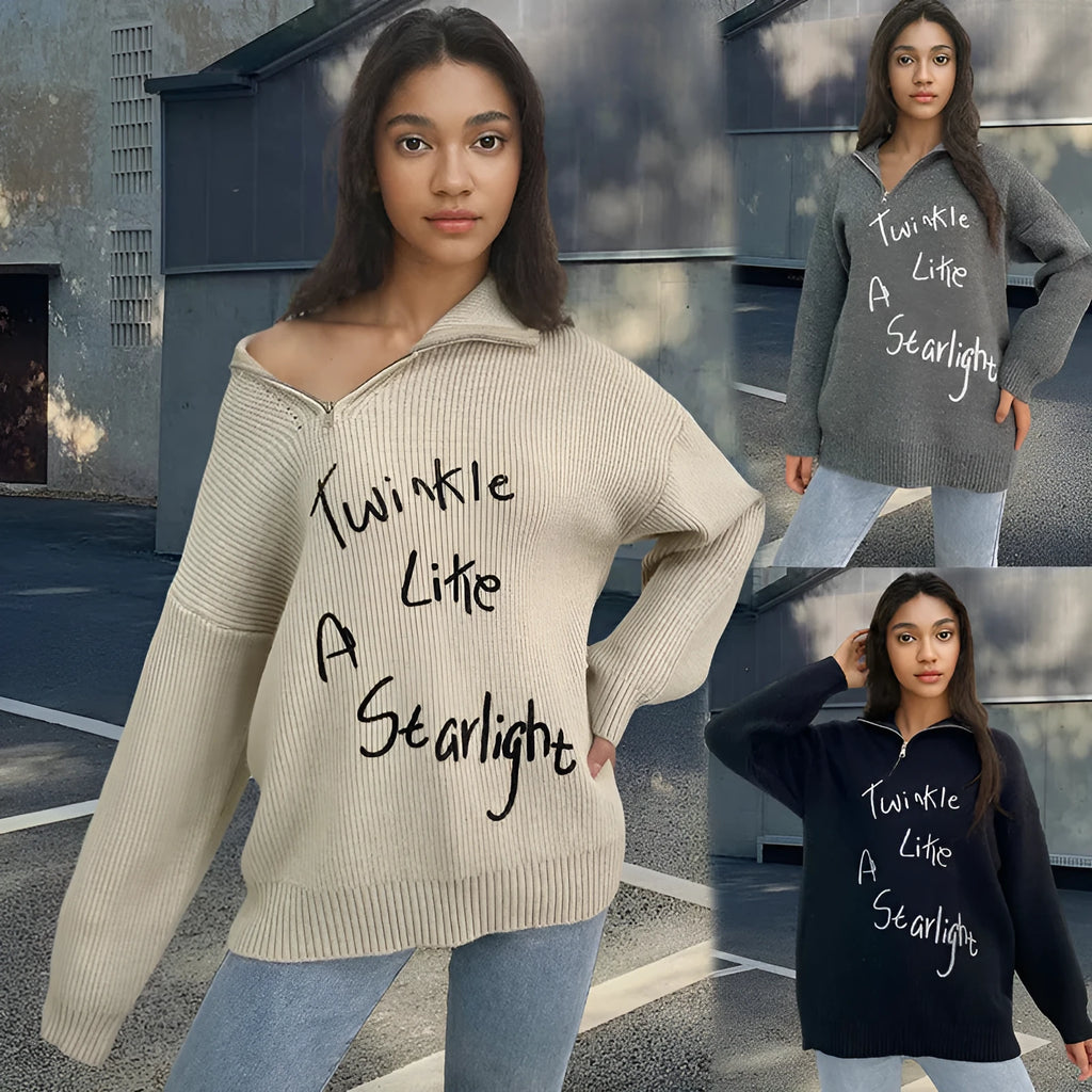 Women's retro alpaca wool pullover sweater with oblique zipper and turtleneck collar in street fashion style