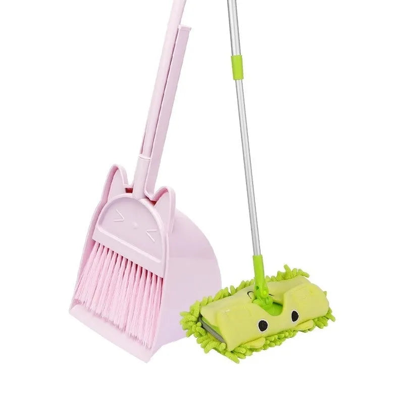Purple plastic broom and dustpan set showing broom stored upright in the dustpan's handle holder.