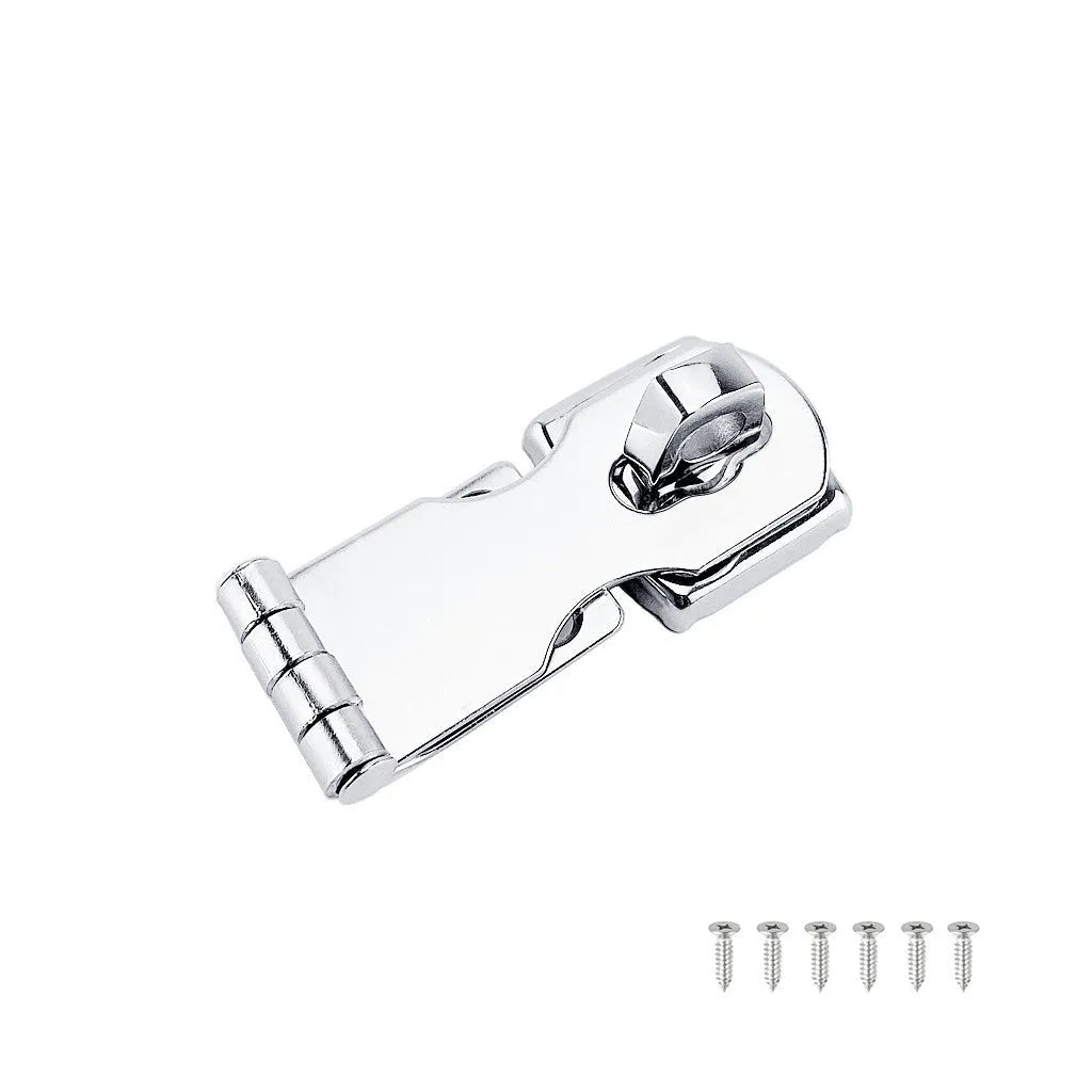 Silver stainless steel lock latch with a mirror finish for doors and cabinets.