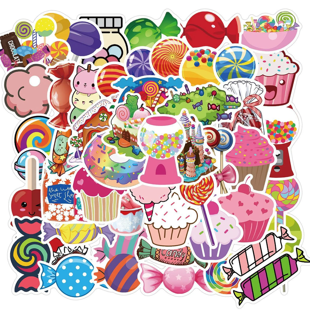 Pack of 50 colourful Candy series graffiti stickers with cartoon designs measuring 4-6cm.