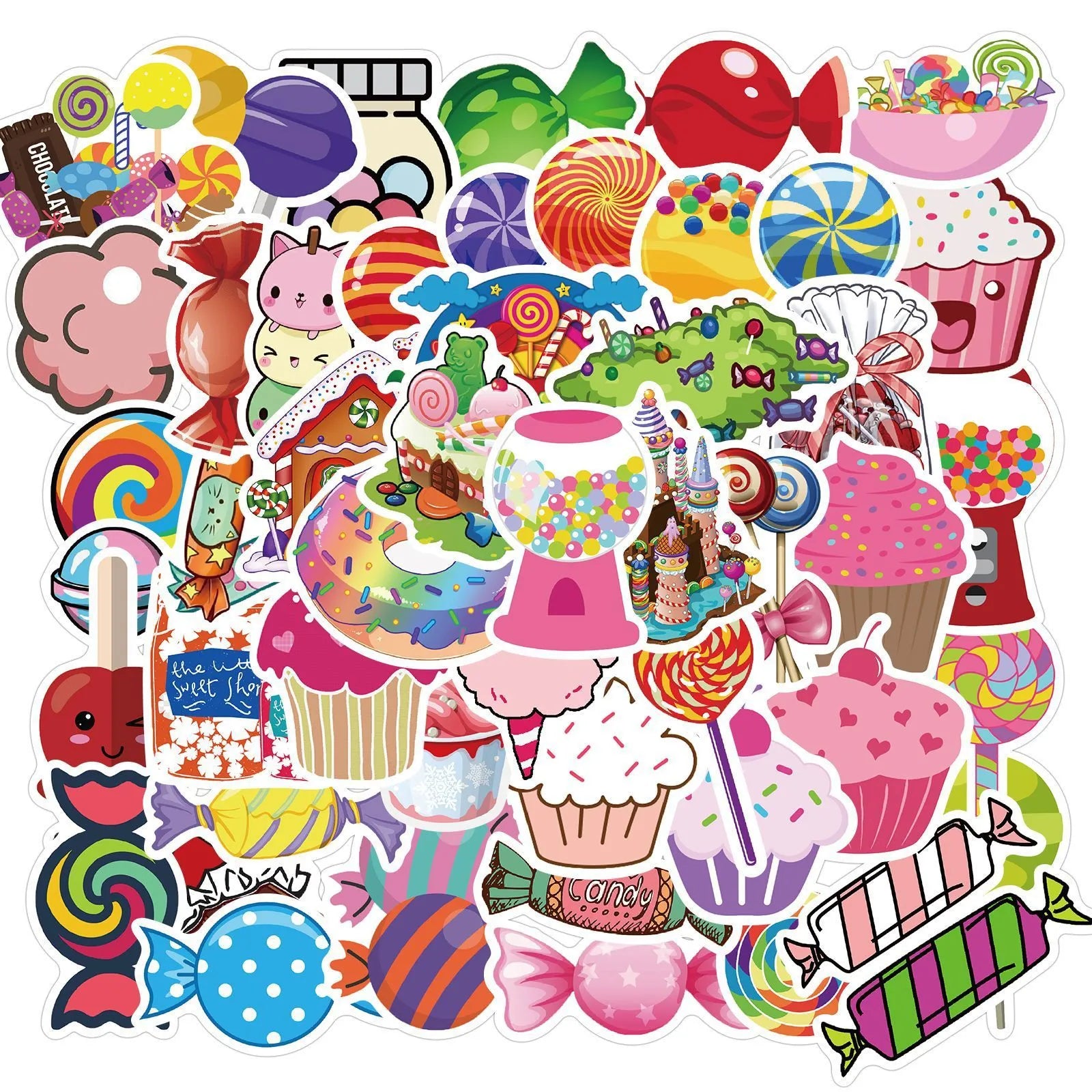 Pack of 50 colourful Candy series graffiti stickers with cartoon designs measuring 4-6cm.